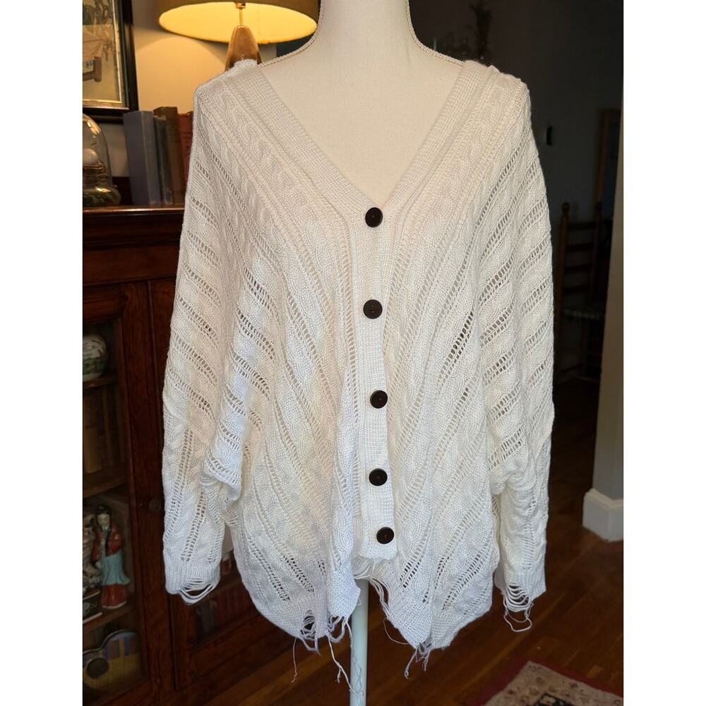 POL Distressed Oversized Pointelle Knit Cardigan, Size S